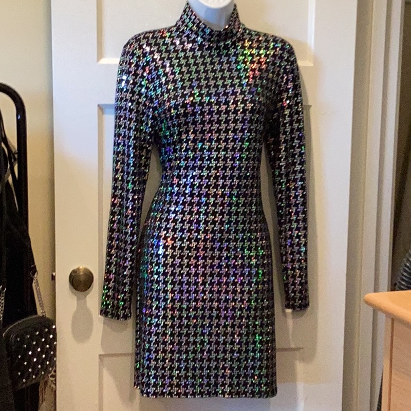 L'agence Holographic Black Houndstooth Long-Sleeve Mini Dress